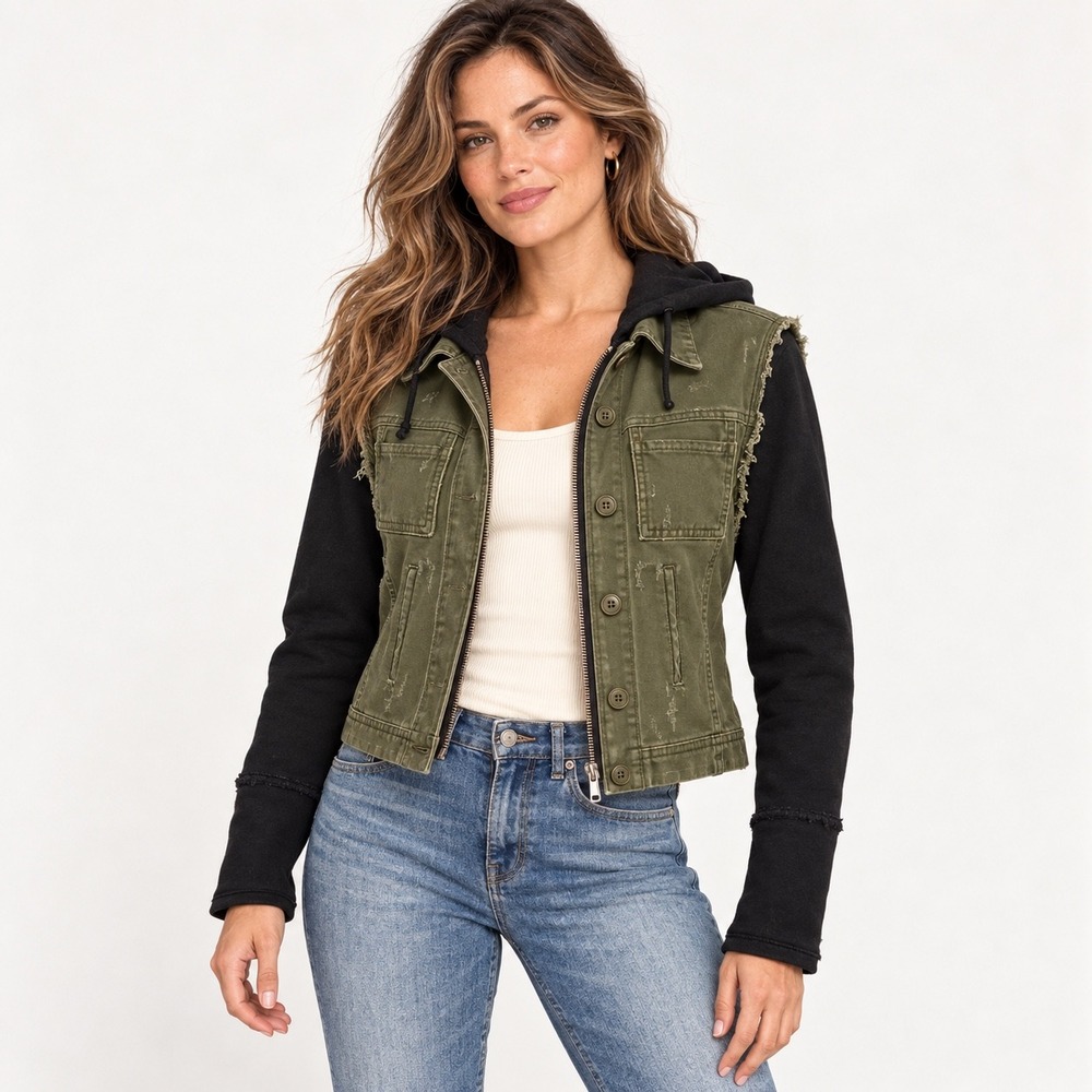 Free People Small Olive Black Hooded Military Utility Jacket